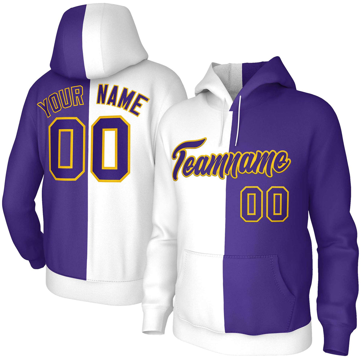 Custom White Purple-Gold Split Fashion Stitched Sportwear Pullover Hoodie| KXKSHOP