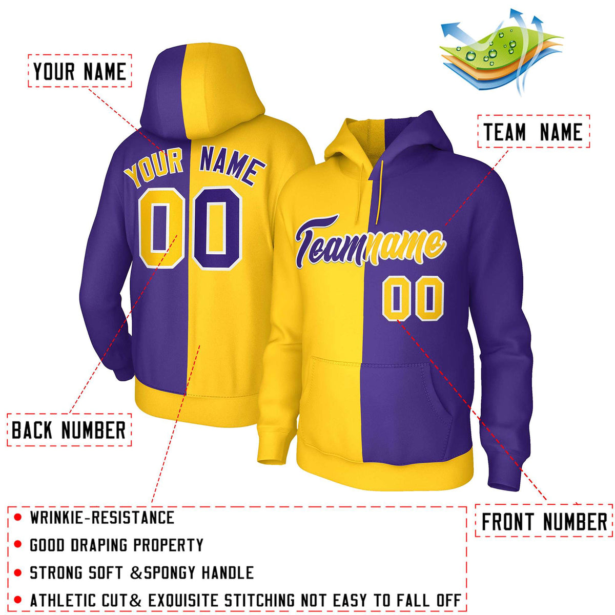 Custom Gold Purple-White Split Fashion Stitched Sportwear Pullover Hoodie| KXKSHOP