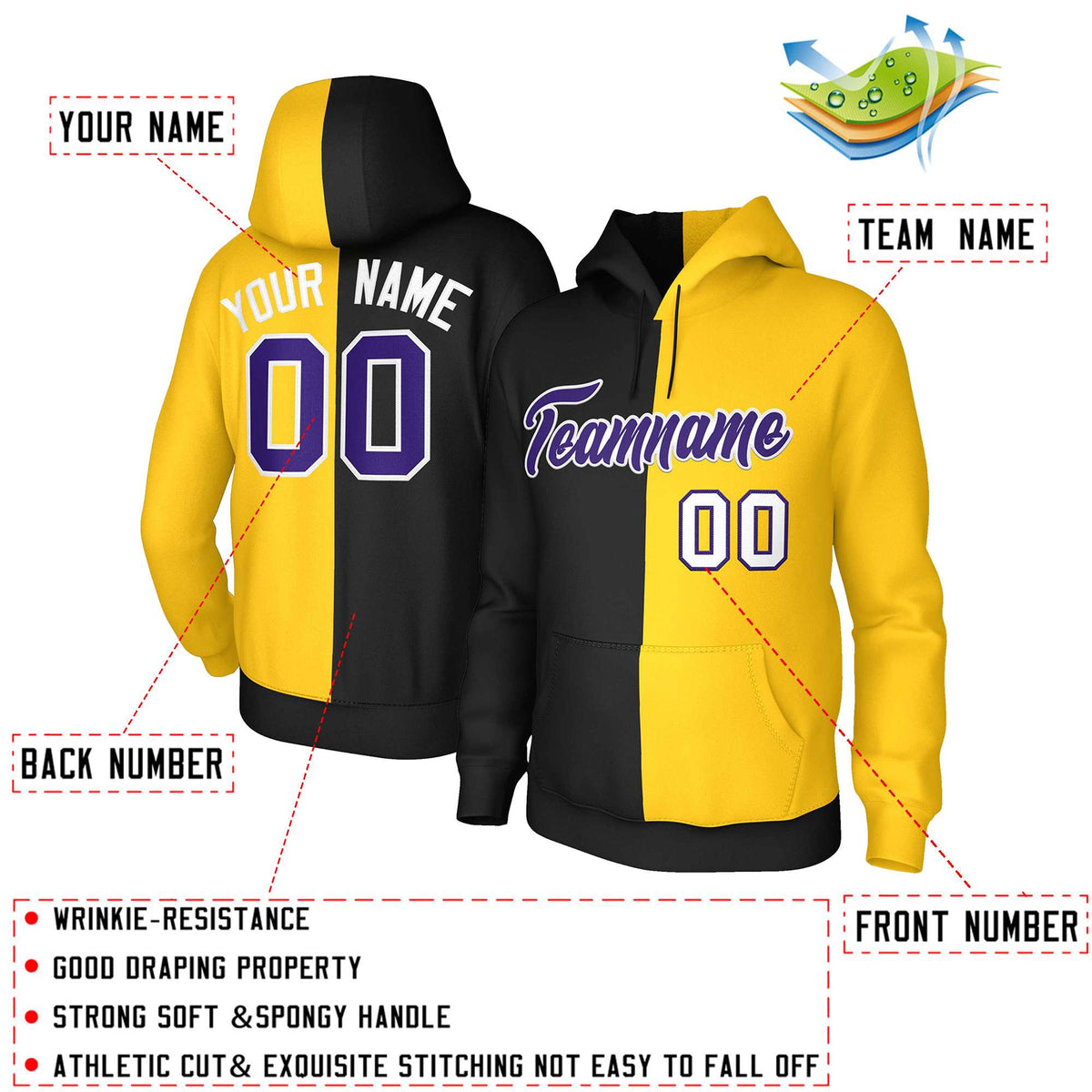 Custom Black Gold Purple-White Split Fashion Stitched Sportwear Pullover Hoodie| KXKSHOP