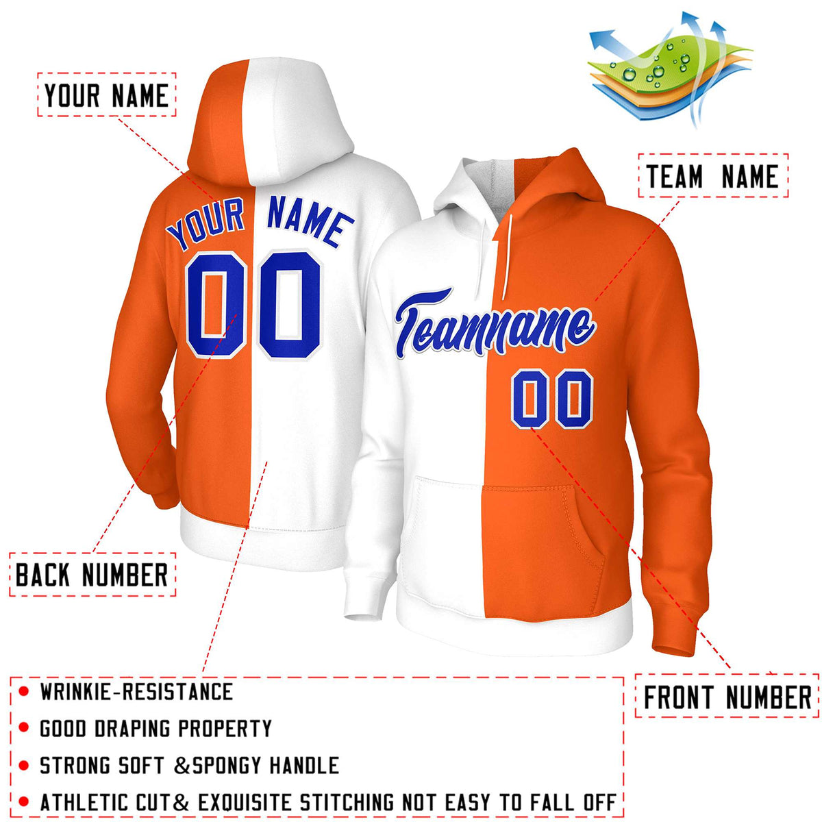 Custom White Orange Royal-White Split Fashion Stitched Sportwear Pullover Hoodie| KXKSHOP