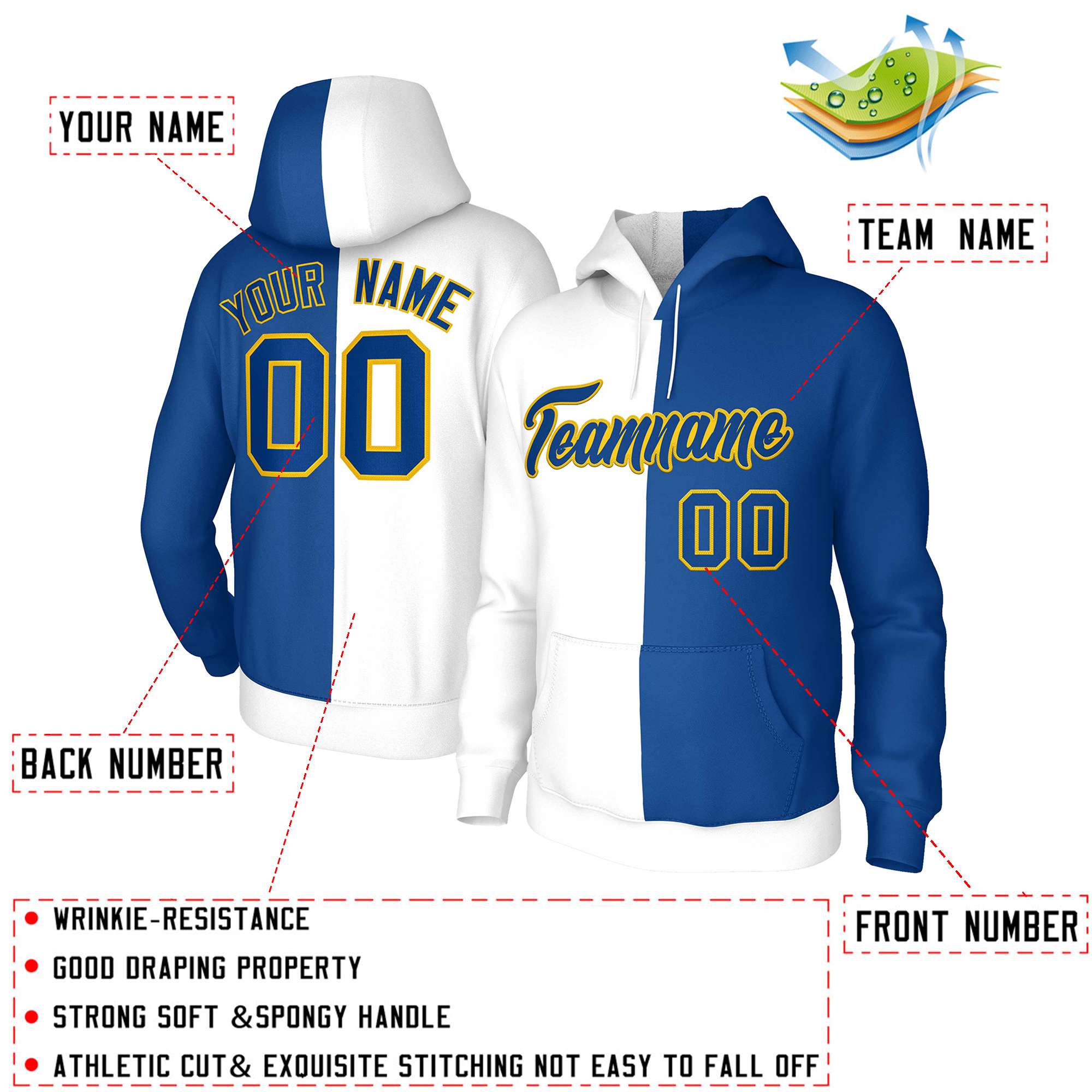 Custom White Royal Royal-Gold Split Fashion Stitched Sportwear Pullover Hoodie| KXKSHOP