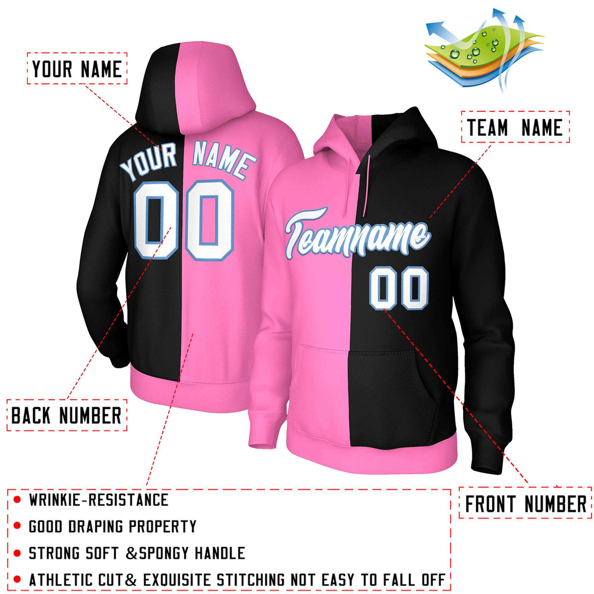 Custom Pink Black White-Light Blue Split Fashion Stitched Sportwear Pullover Hoodie| KXKSHOP