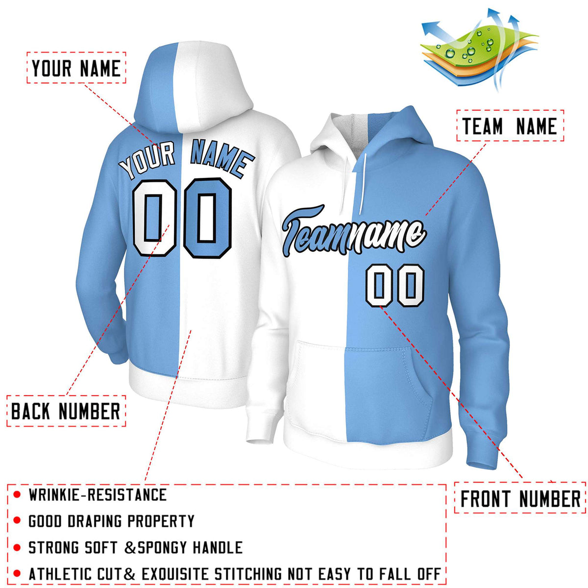 Custom White Light Blue-Black Split Fashion Stitched Sportwear Pullover Hoodie| KXKSHOP