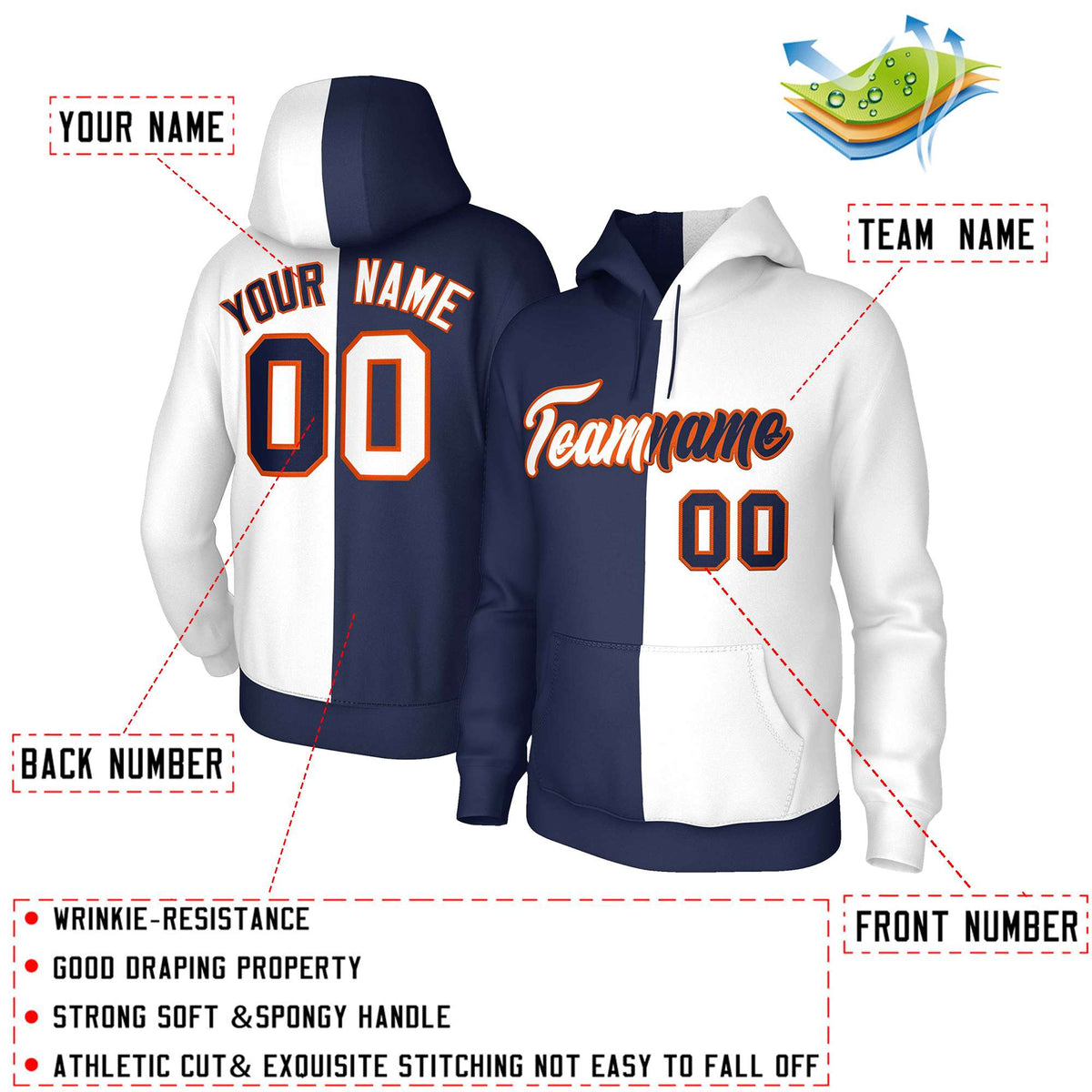 Custom Navy White-Orange Split Fashion Stitched Sportwear Pullover Hoodie| KXKSHOP