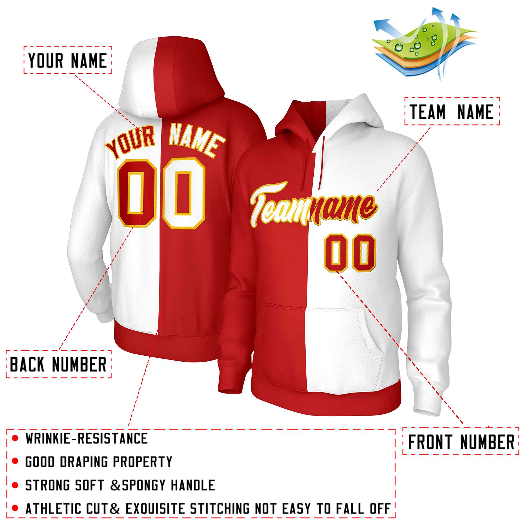 Custom Red White-Gold Split Fashion Stitched Sportwear Pullover Hoodie| KXKSHOP