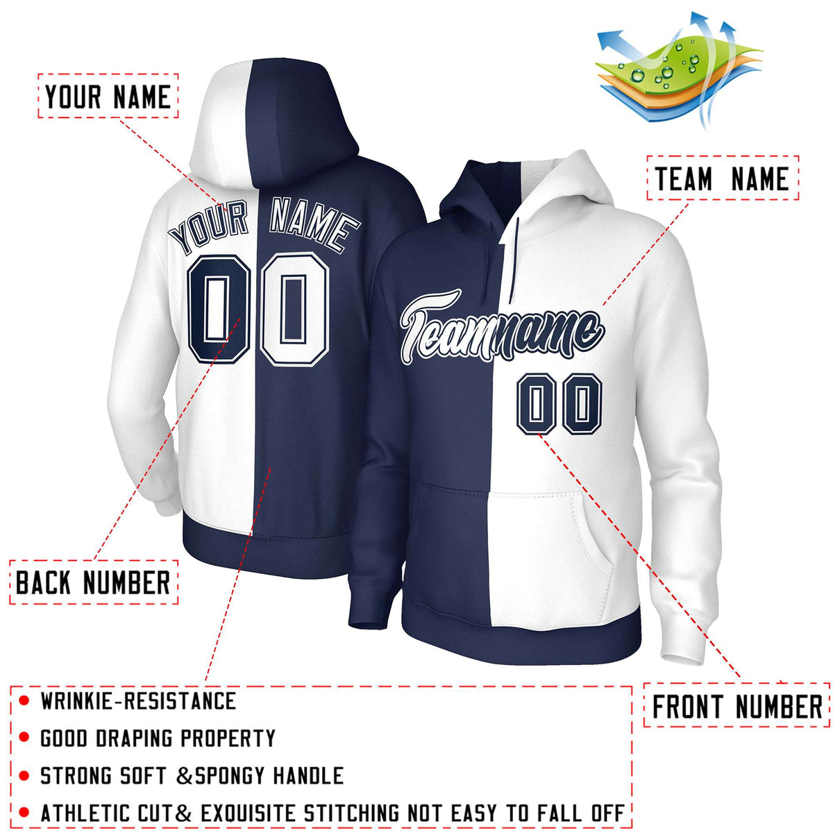 Custom Navy White-Navy Split Fashion Stitched Sportwear Pullover Hoodie| KXKSHOP