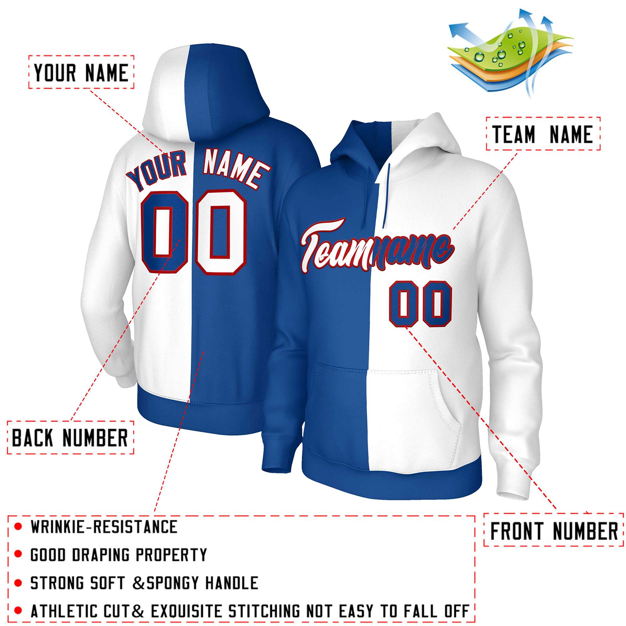 Custom Royal White-Red Split Fashion Stitched Sportwear Pullover Hoodie| KXKSHOP