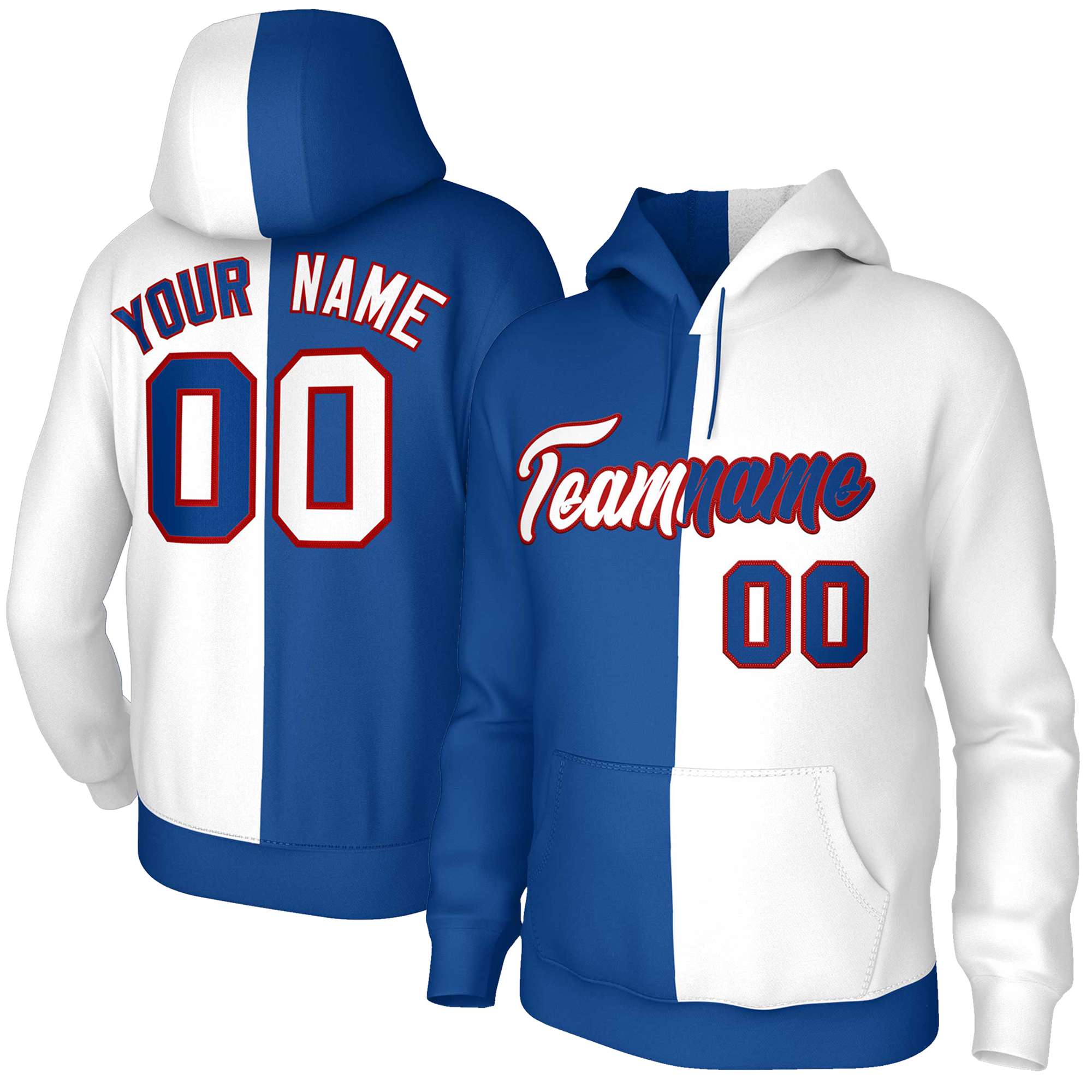 Custom Royal White-Red Split Fashion Stitched Sportwear Pullover Hoodie| KXKSHOP