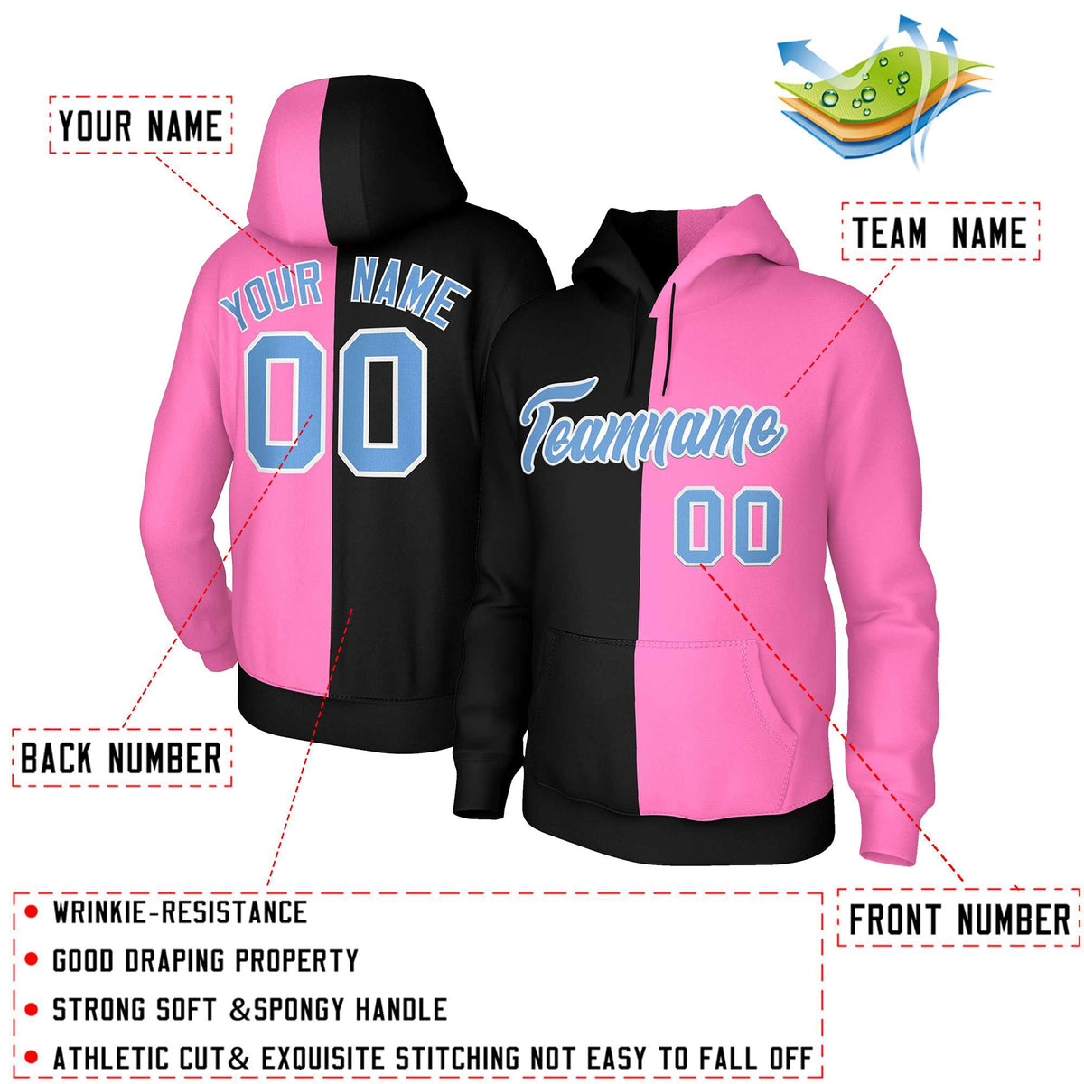 Custom Black Pink Light Blue-White Split Fashion Stitched Sportwear Pullover Hoodie| KXKSHOP