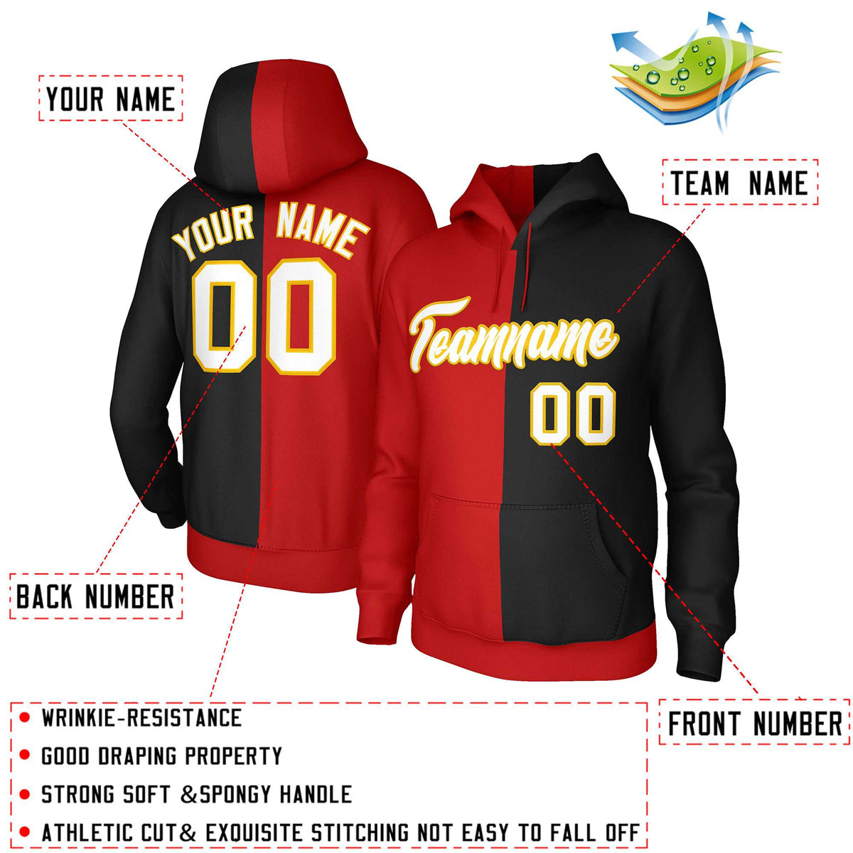 Custom Red Black White-Gold Split Fashion Stitched Sportwear Pullover Hoodie| KXKSHOP