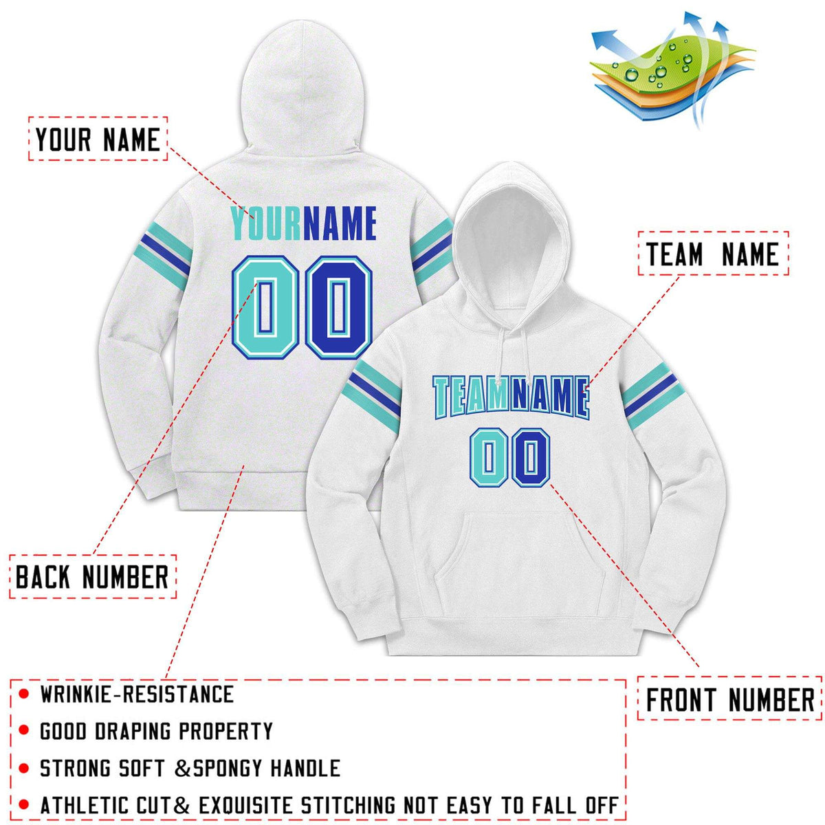 Custom Stitched White Aqua-Royal Cotton Pullover Sweatshirt Hoodie| KXKSHOP