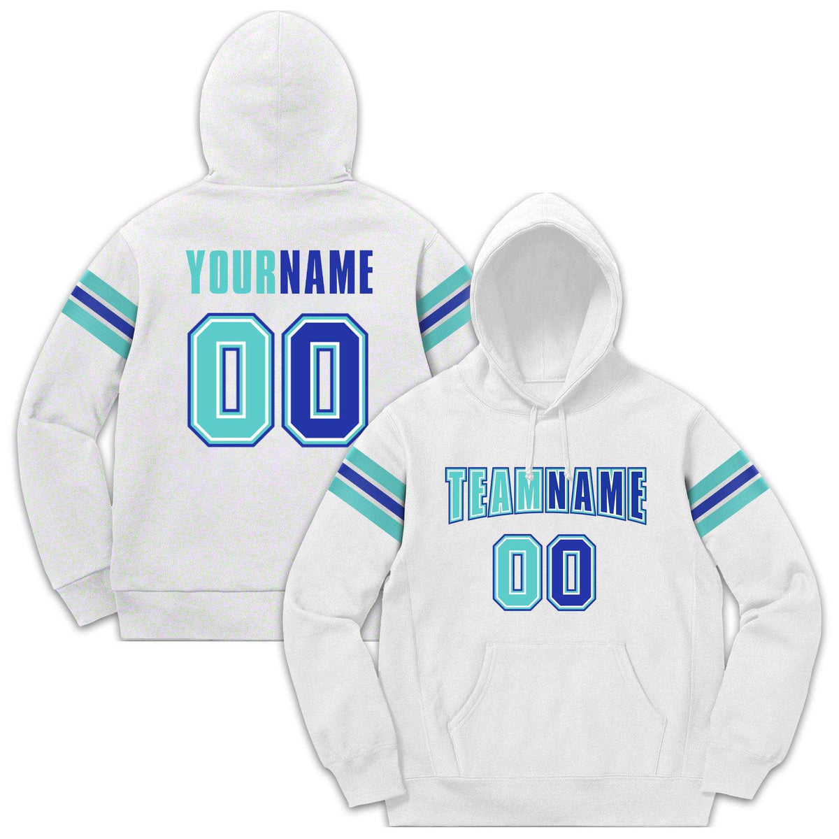 Custom Stitched White Aqua-Royal Cotton Pullover Sweatshirt Hoodie| KXKSHOP