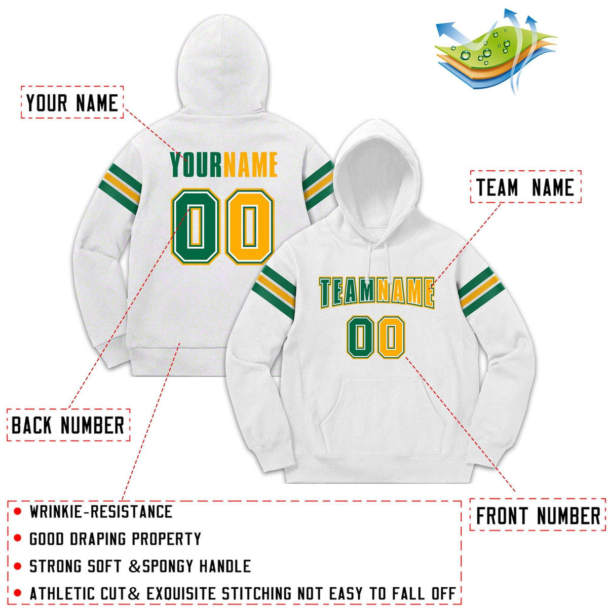 Custom Stitched White Kelly Green-Yellow Cotton Pullover Sweatshirt Hoodie| KXKSHOP