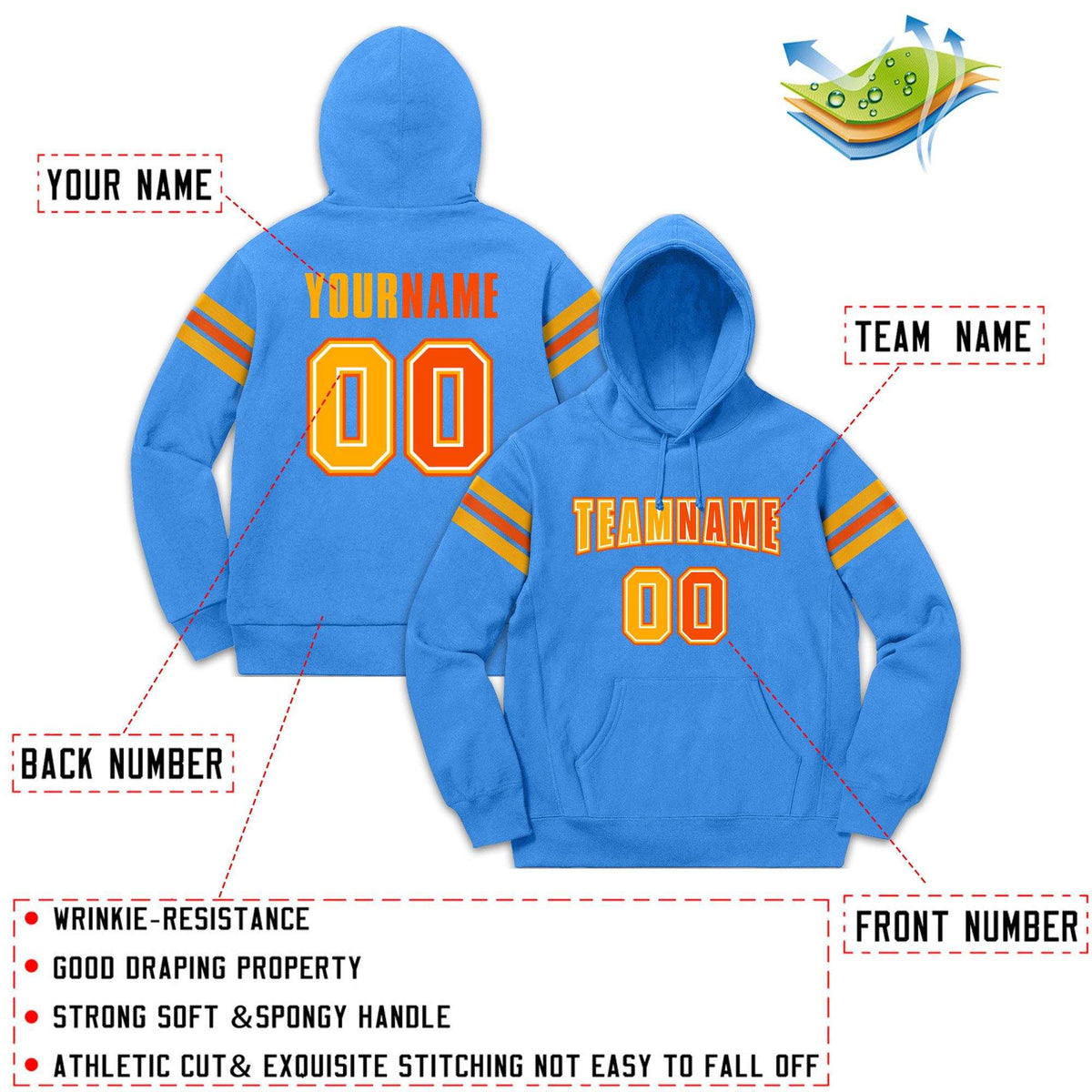 Custom Stitched Powder Blue Yellow-Orange Cotton Pullover Sweatshirt Hoodie| KXKSHOP