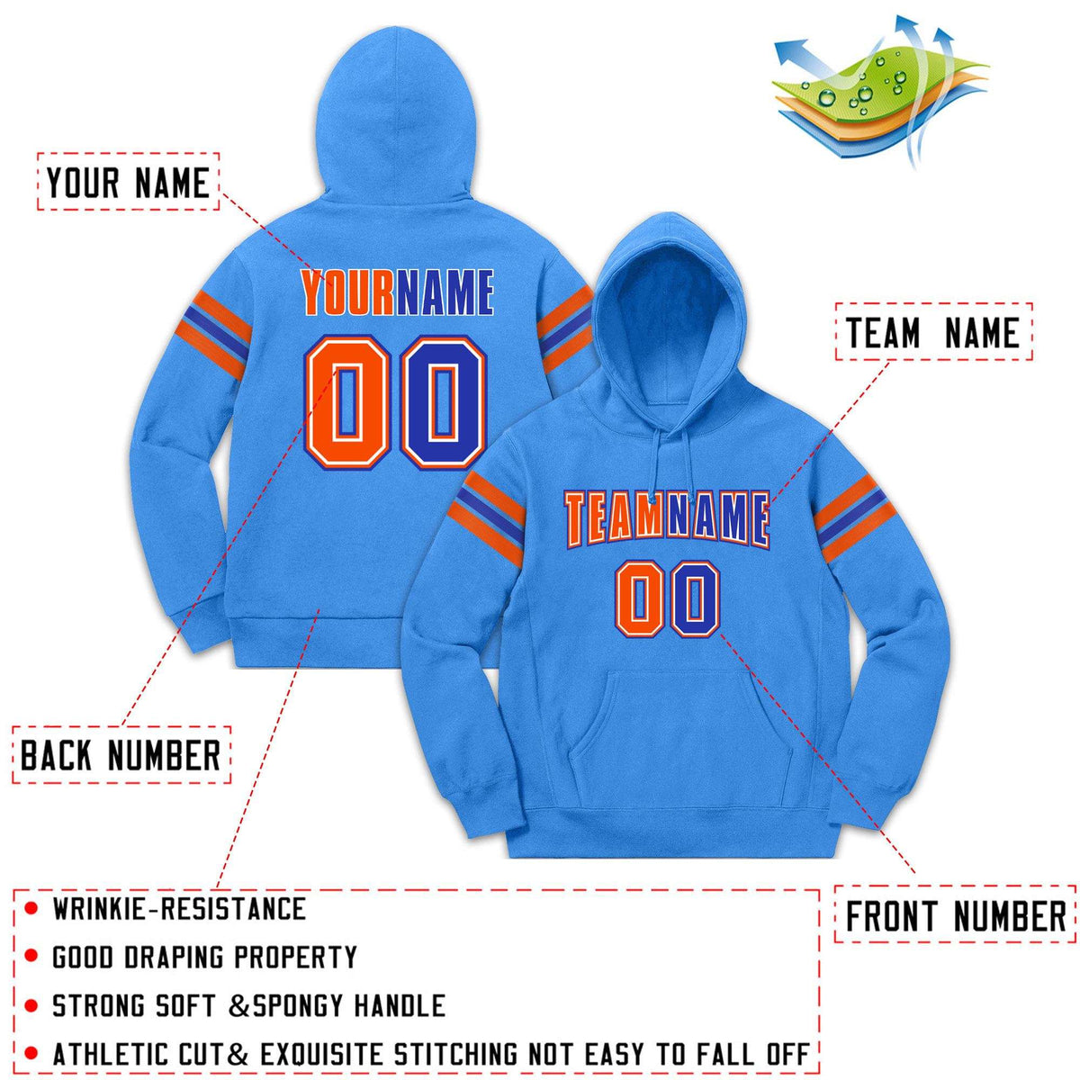 Custom Stitched Powder Blue Orange-Royal Cotton Pullover Sweatshirt Hoodie| KXKSHOP