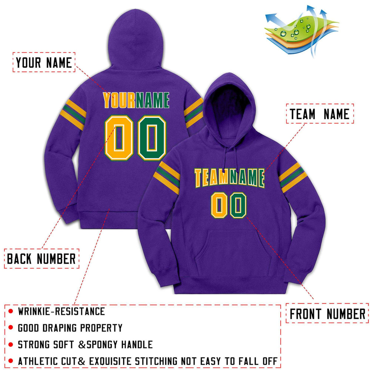Custom Stitched Purple Yellow-Kelly Green Cotton Pullover Sweatshirt Hoodie| KXKSHOP
