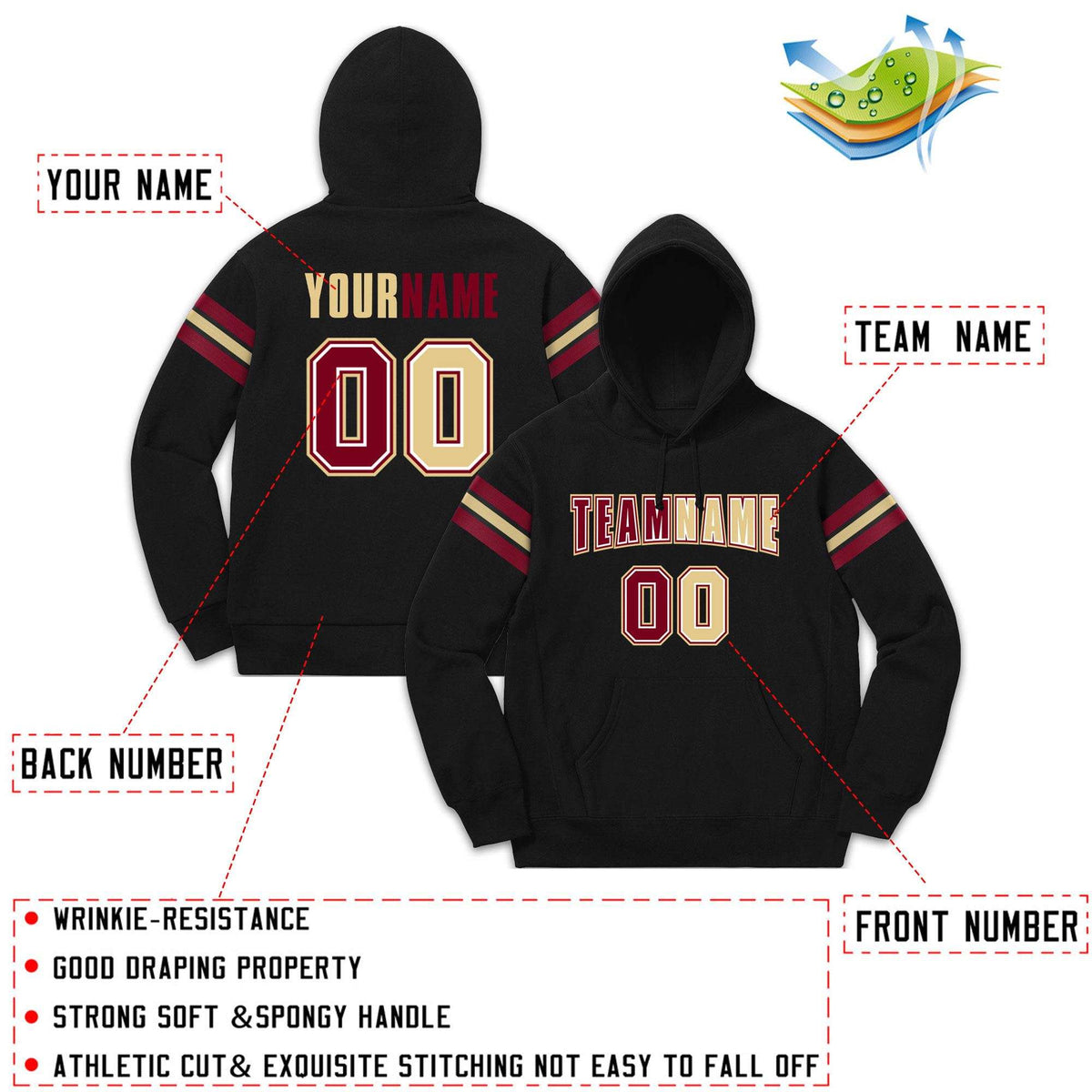 Custom Stitched Black Crimson-Cream Cotton Pullover Sweatshirt Hoodie| KXKSHOP