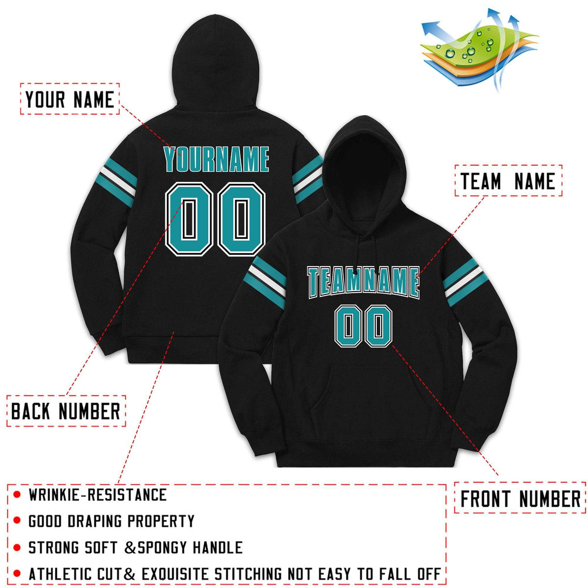 Custom Stitched Black Aqua-White Cotton Pullover Sweatshirt Hoodie| KXKSHOP