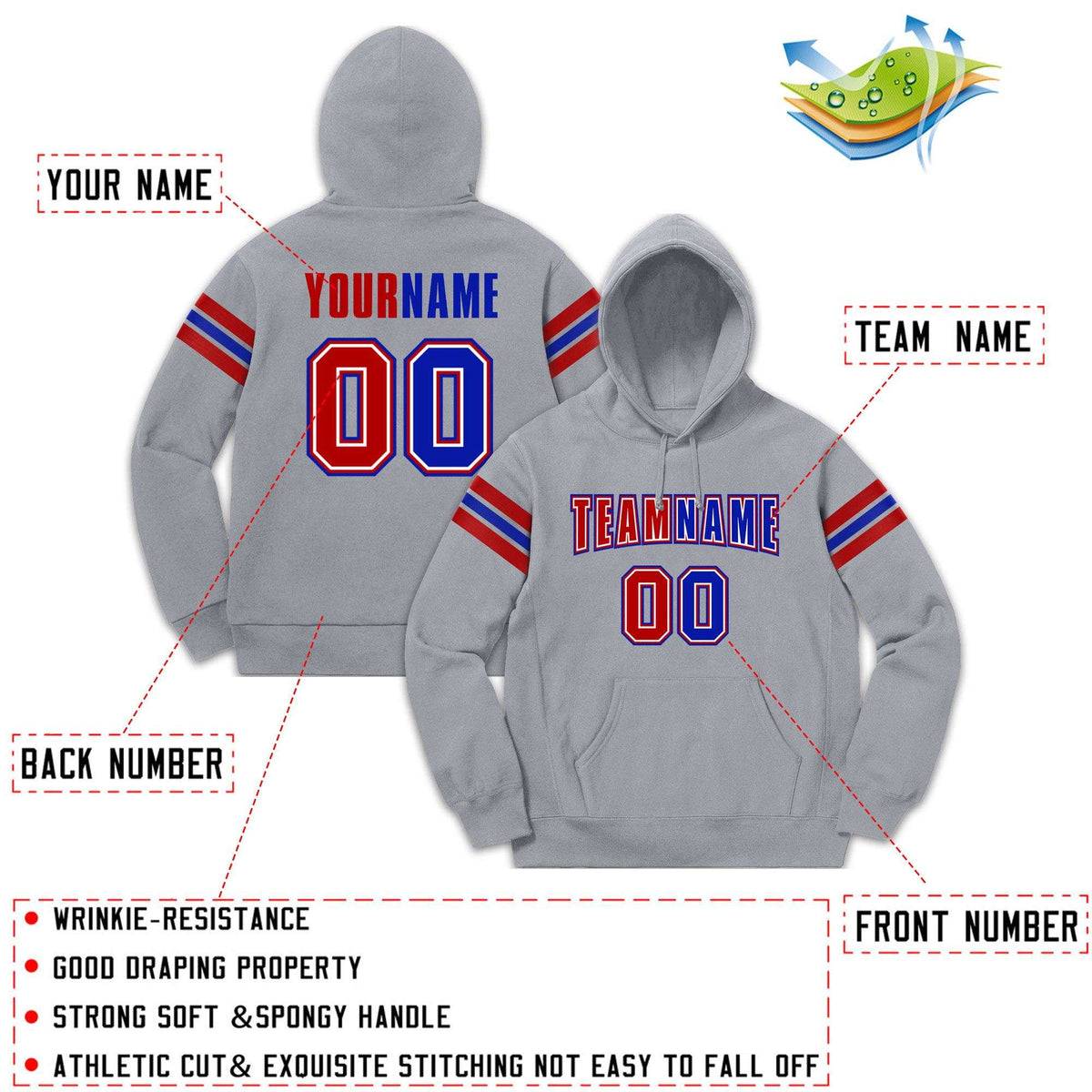 Custom Stitched Gray Red-Royal Cotton Pullover Sweatshirt Hoodie| KXKSHOP