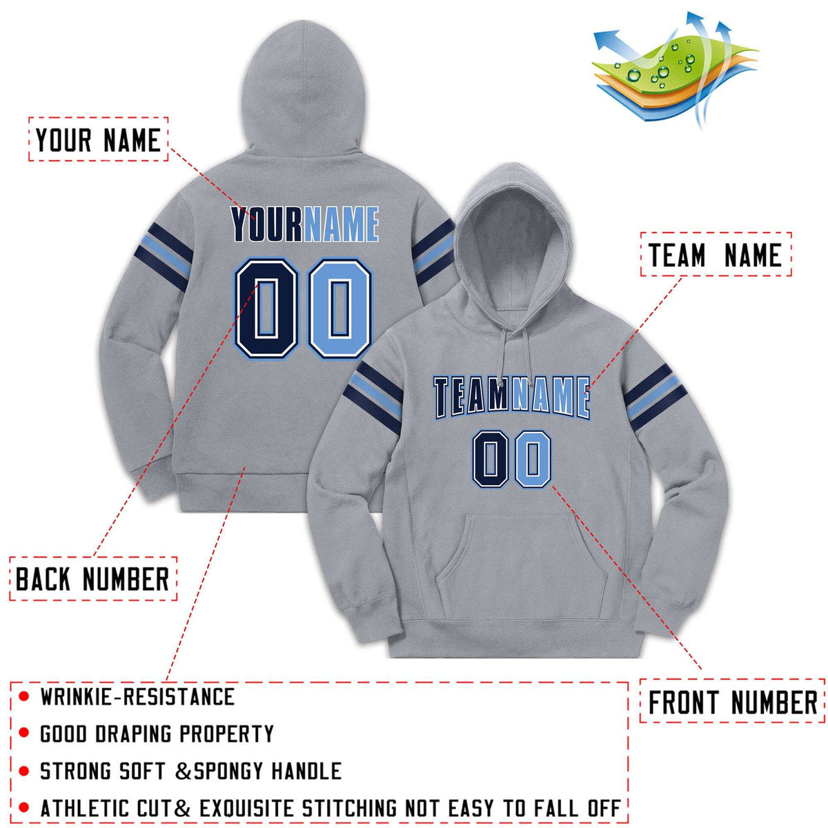 Custom Stitched Gray Navy-Light Blue Cotton Pullover Sweatshirt Hoodie| KXKSHOP