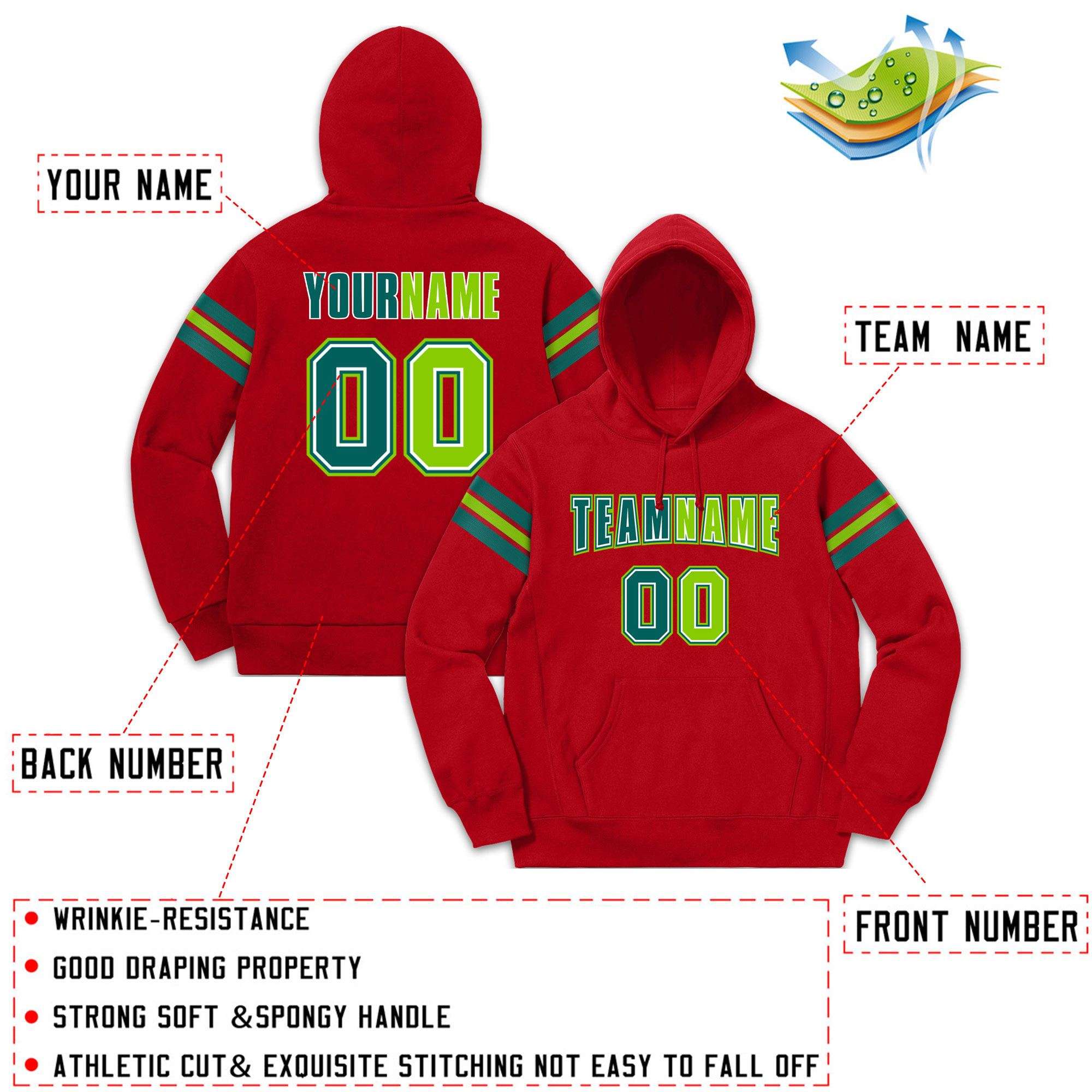 Custom Stitched Red Aqua-Neon Green Cotton Pullover Sweatshirt Hoodie| KXKSHOP