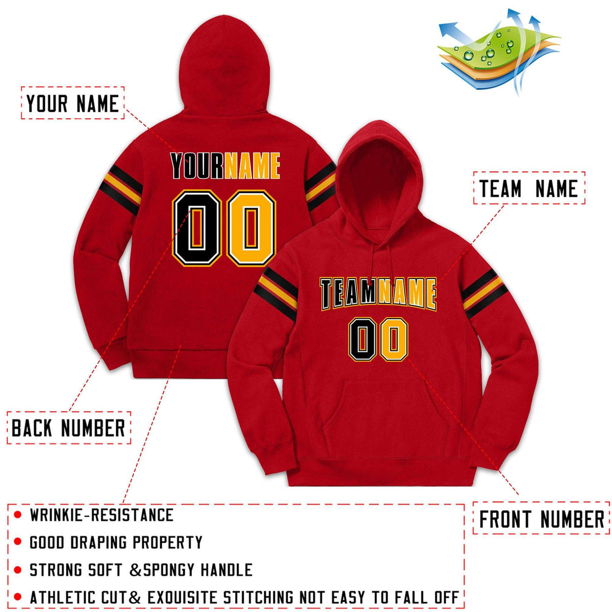 Custom Stitched Red Black-Yellow Cotton Pullover Sweatshirt Hoodie| KXKSHOP