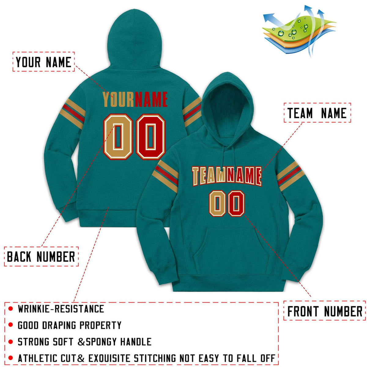 Custom Stitched Aqua Old Gold-Red Cotton Pullover Sweatshirt Hoodie| KXKSHOP