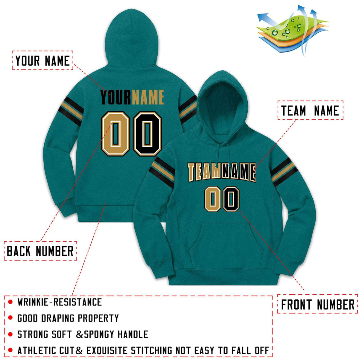 Custom Stitched Aqua Black-Old Gold Cotton Pullover Sweatshirt Hoodie| KXKSHOP