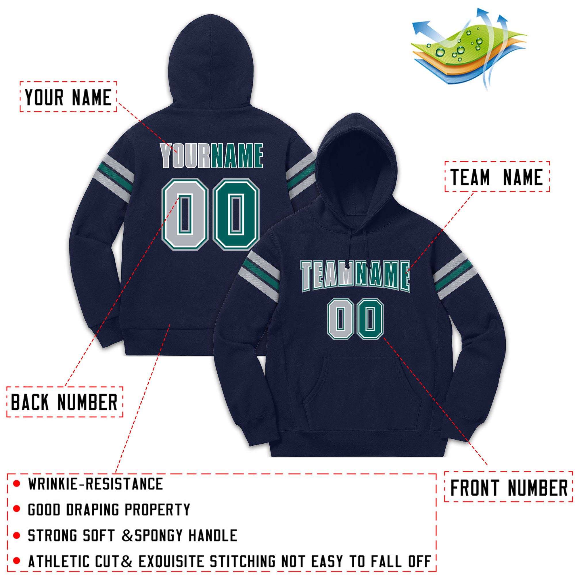 Custom Stitched Navy Gray-Aqua Cotton Pullover Sweatshirt Hoodie| KXKSHOP