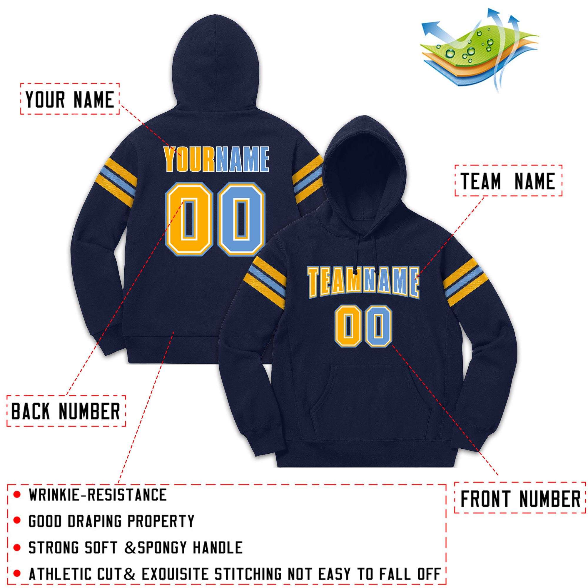 Custom Stitched Navy Yellow-Light Blue Cotton Pullover Sweatshirt Hoodie| KXKSHOP