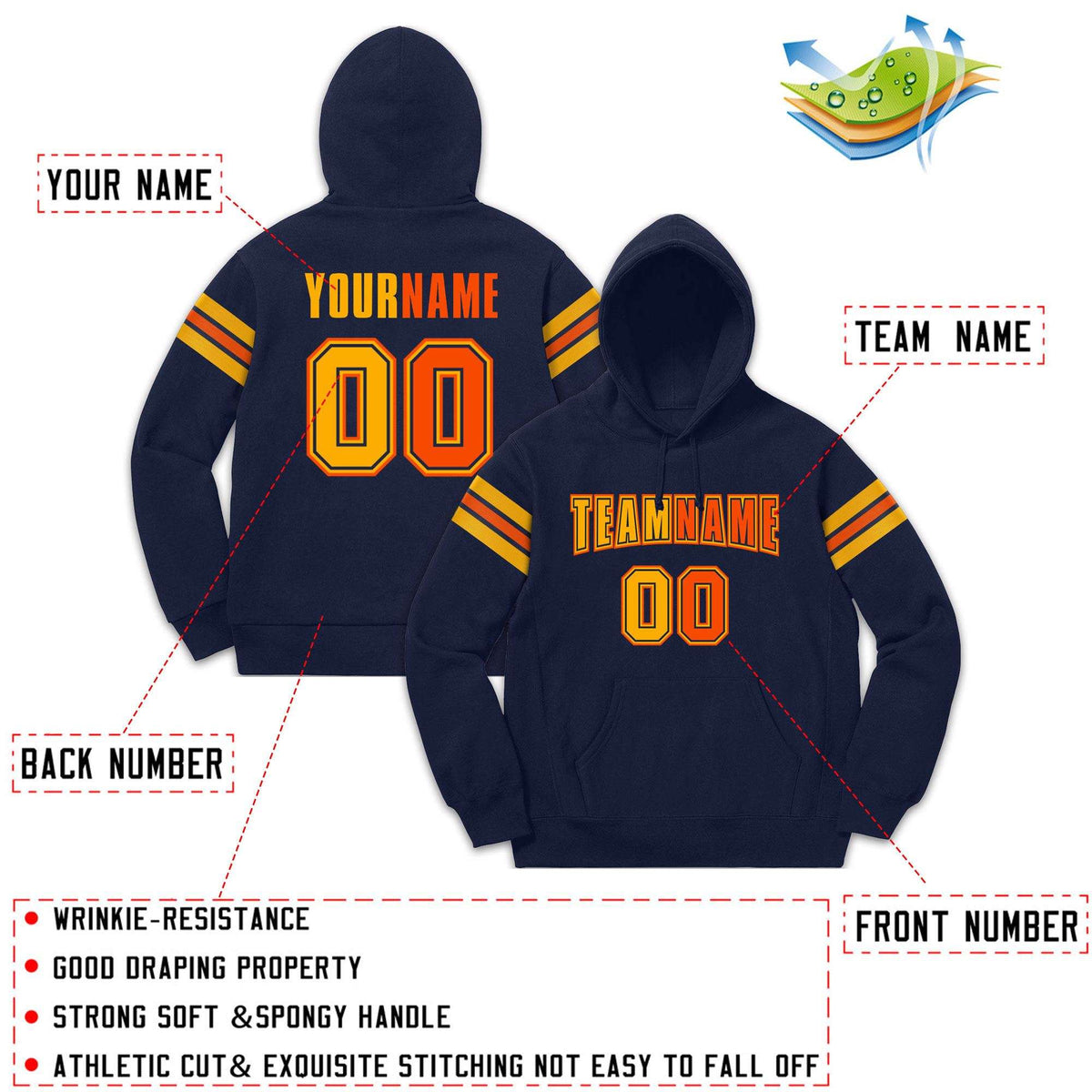 Custom Stitched Navy Yellow-Orange Cotton Pullover Sweatshirt Hoodie| KXKSHOP