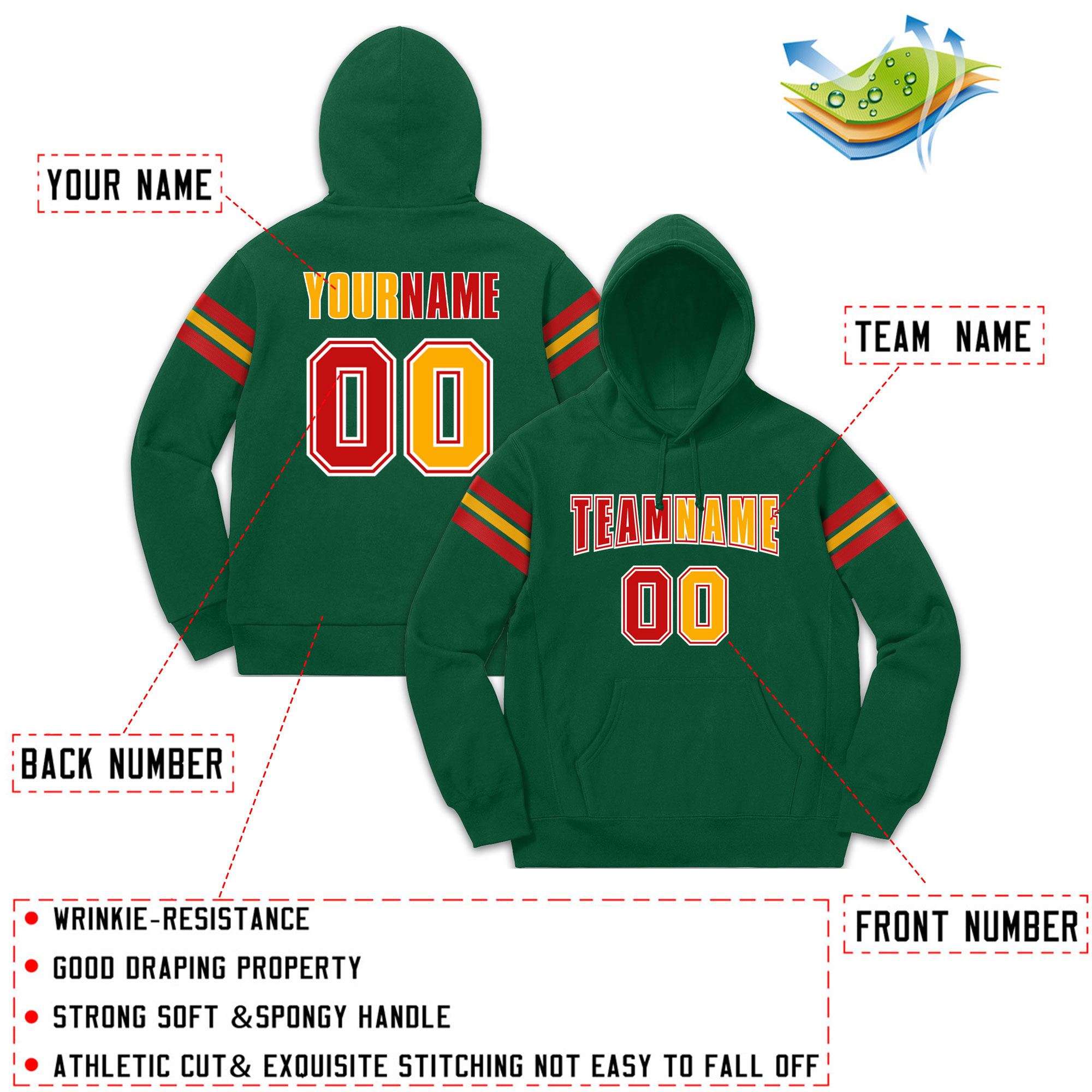 Custom Stitched Green Red-Yellow Cotton Pullover Sweatshirt Hoodie| KXKSHOP
