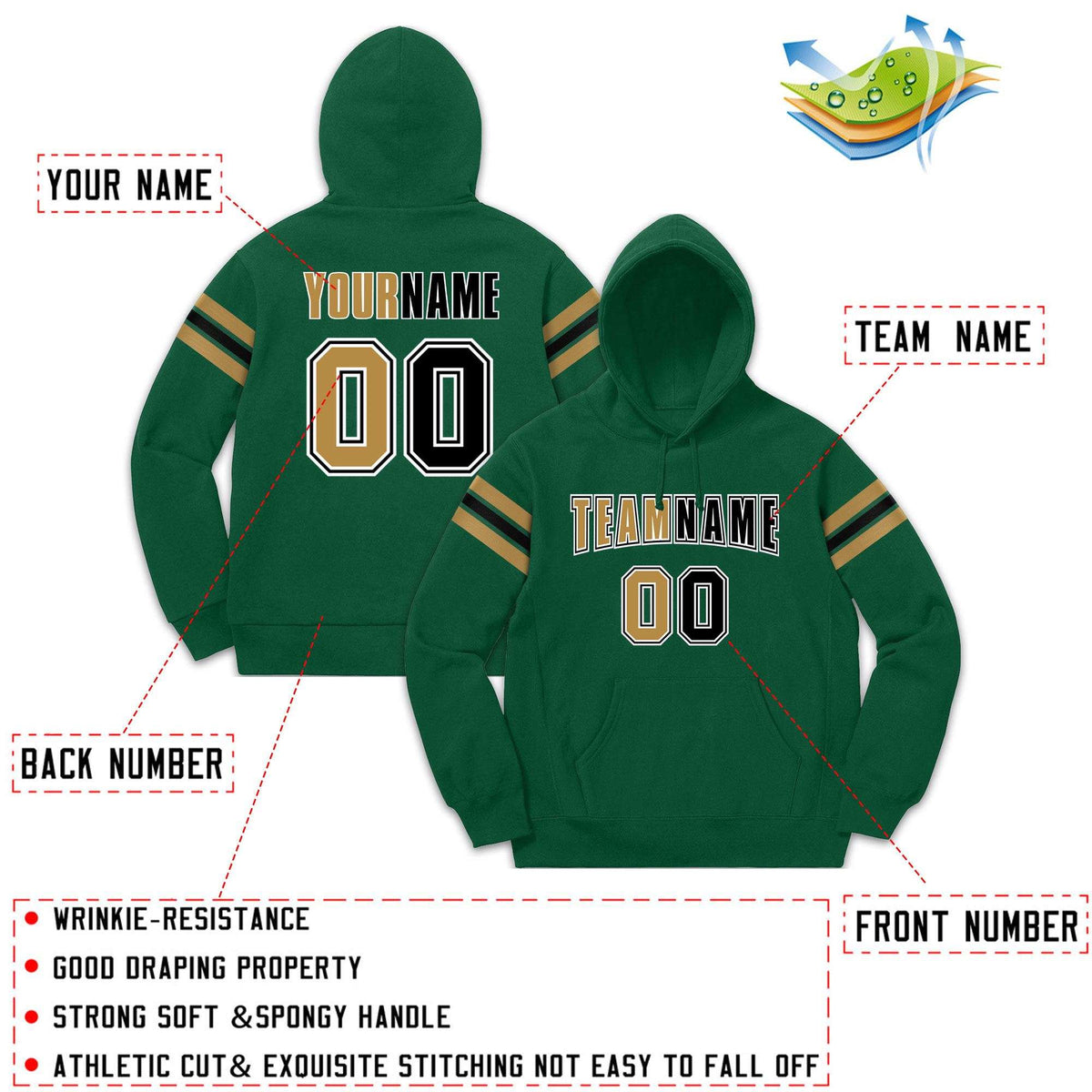 Custom Stitched Green Old Gold-Black Cotton Pullover Sweatshirt Hoodie| KXKSHOP