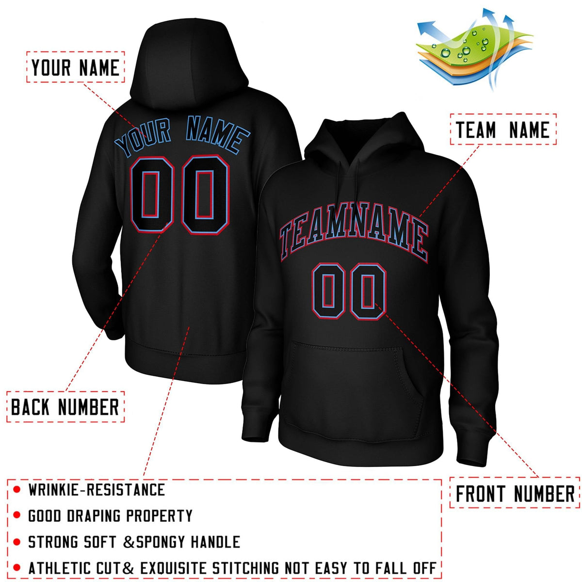 Custom Black Light Blue-Red Classic Style Training Uniform Pullover Hoodie| KXKSHOP