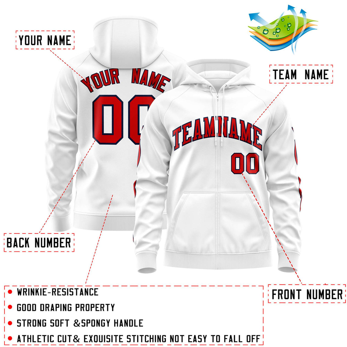 Custom Stitched White Red Sports Full-Zip Sweatshirt Hoodie with Flame| KXKSHOP
