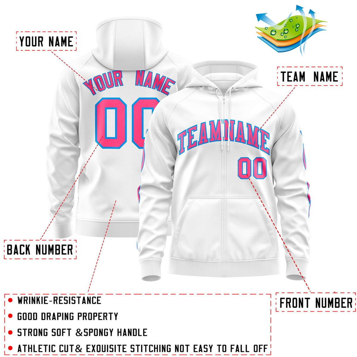 Custom Stitched White Pink Sports Full-Zip Sweatshirt Hoodie with Flame| KXKSHOP