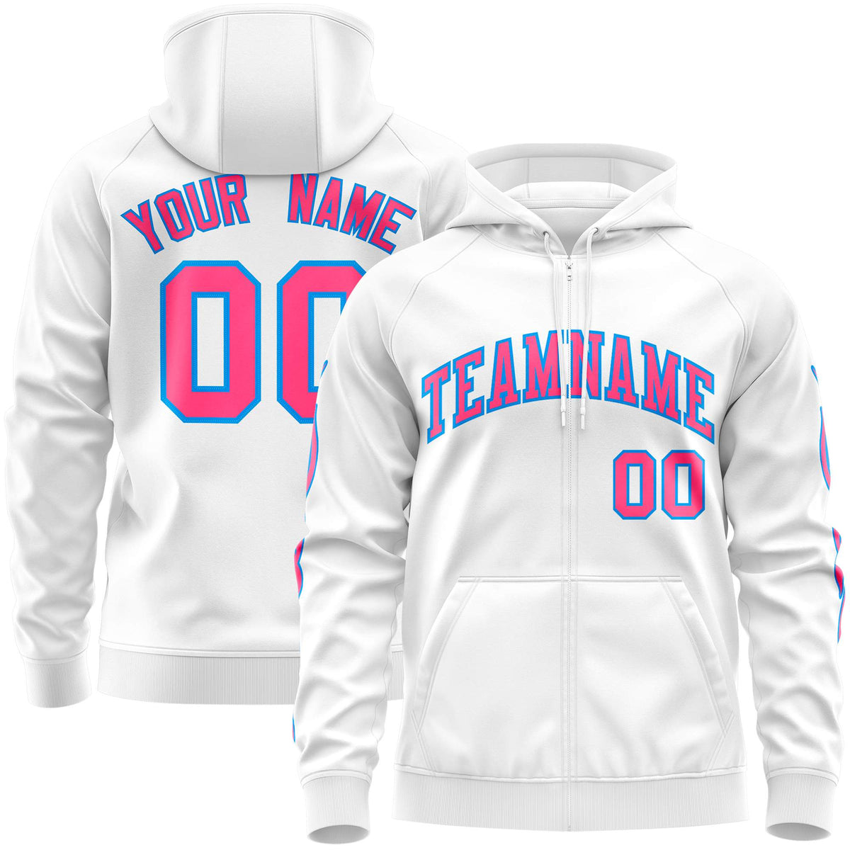 Custom Stitched White Pink Sports Full-Zip Sweatshirt Hoodie with Flame| KXKSHOP