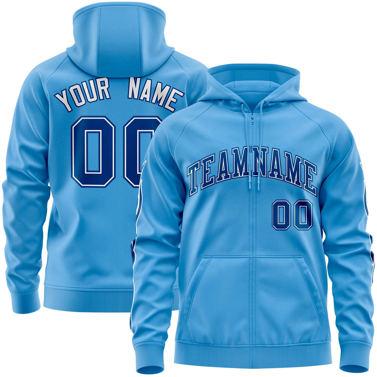 Custom Stitched Light Blue Royal Sports Full-Zip Sweatshirt Hoodie with Flame| KXKSHOP