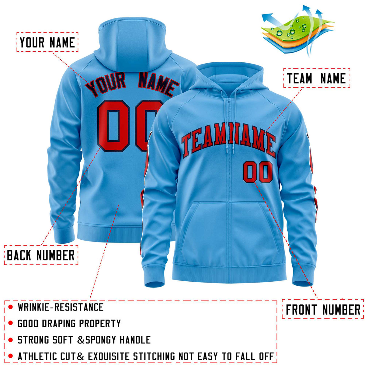 Custom Stitched Light Blue Red Sports Full-Zip Sweatshirt Hoodie with Flame| KXKSHOP