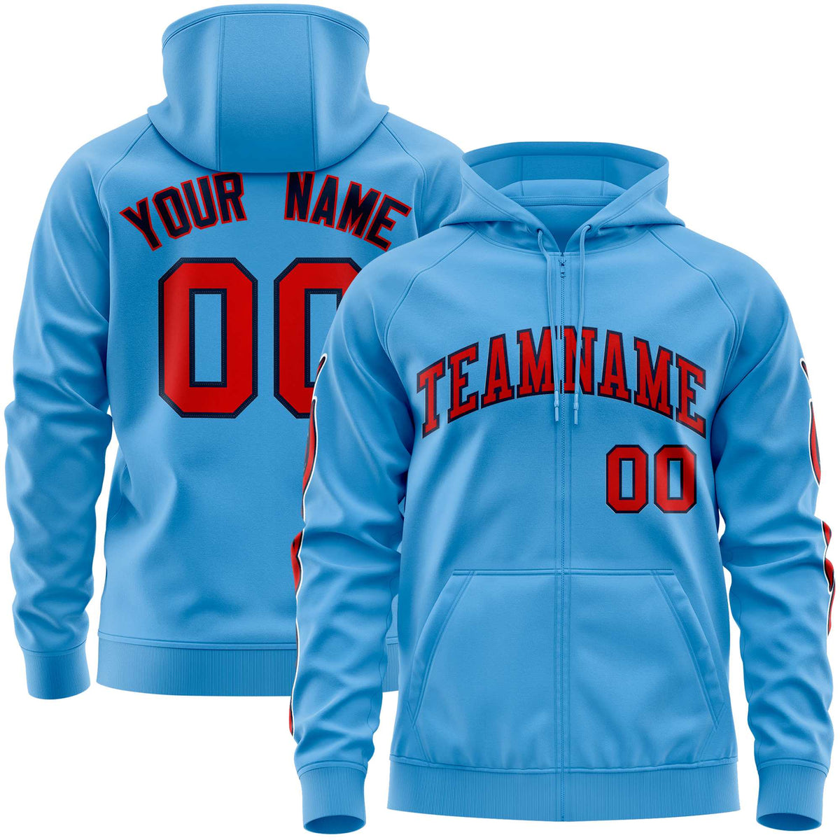 Custom Stitched Light Blue Red Sports Full-Zip Sweatshirt Hoodie with Flame| KXKSHOP