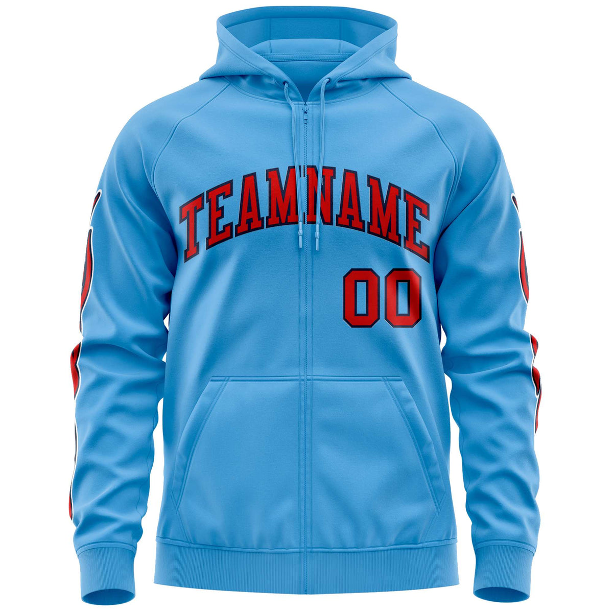 Custom Stitched Light Blue Red Sports Full-Zip Sweatshirt Hoodie with Flame| KXKSHOP
