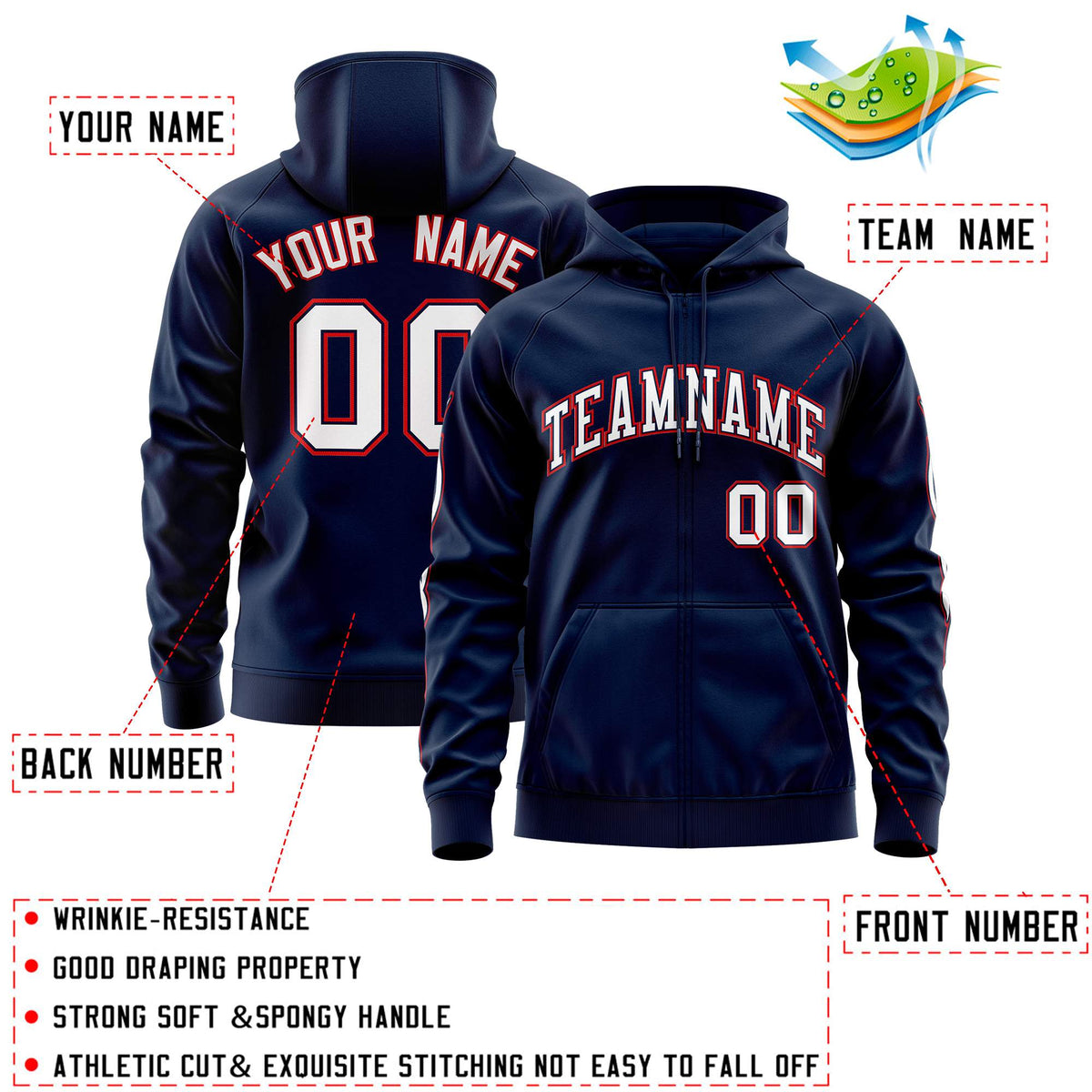 Custom Stitched Navy White Sports Full-Zip Sweatshirt Hoodie with Flame| KXKSHOP