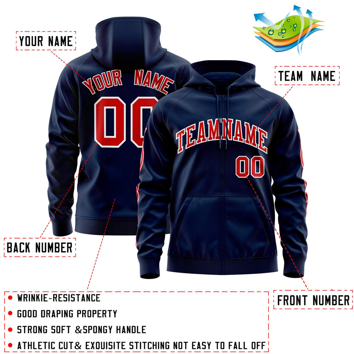 Custom Stitched Navy Red Sports Full-Zip Sweatshirt Hoodie with Flame| KXKSHOP