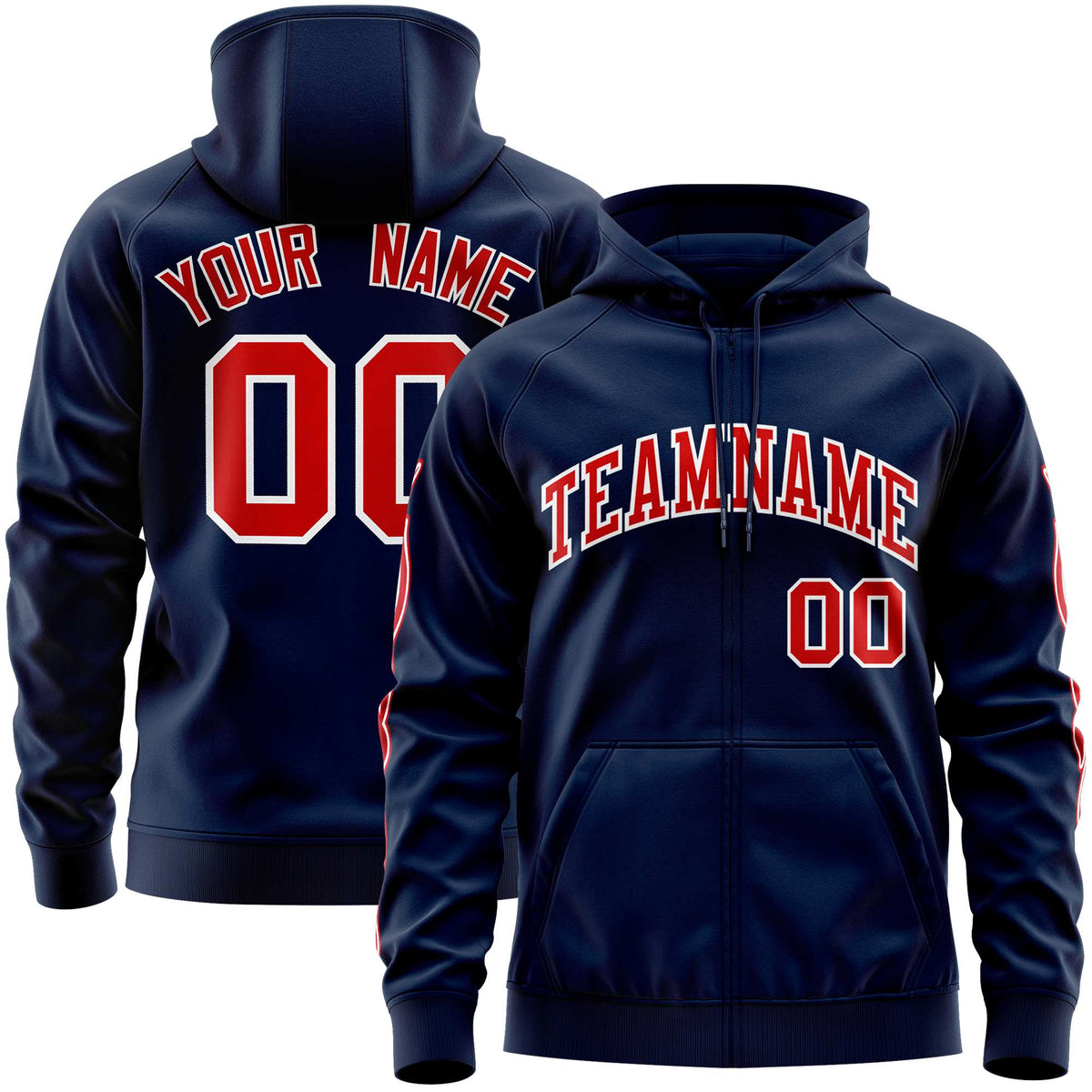 Custom Stitched Navy Red Sports Full-Zip Sweatshirt Hoodie with Flame| KXKSHOP