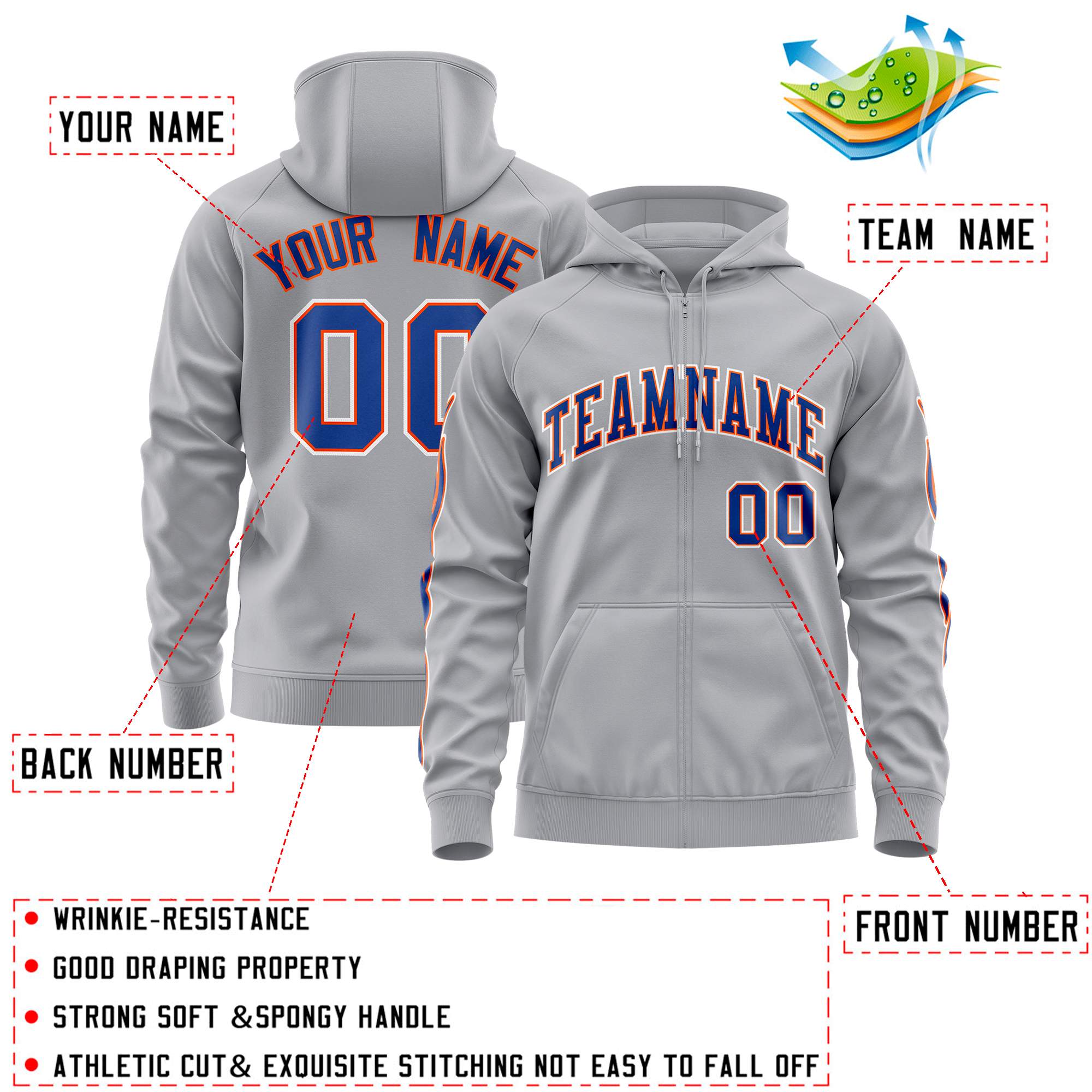 Custom Stitched Gray Royal Sports Full-Zip Sweatshirt Hoodie with Flame| KXKSHOP