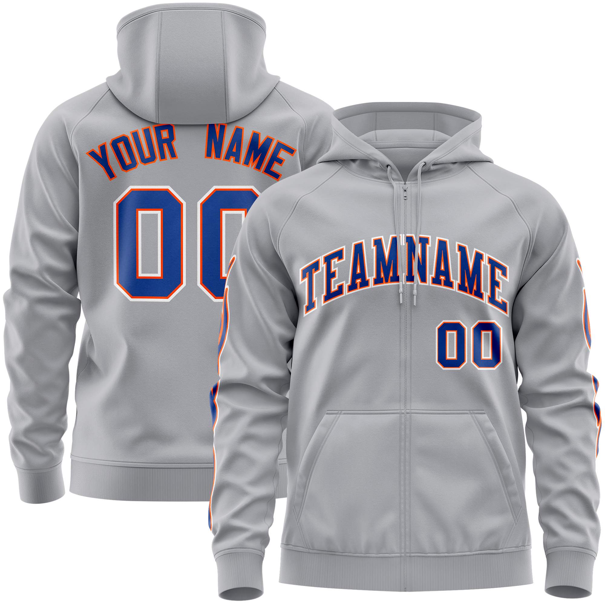 Custom Stitched Gray Royal Sports Full-Zip Sweatshirt Hoodie with Flame| KXKSHOP