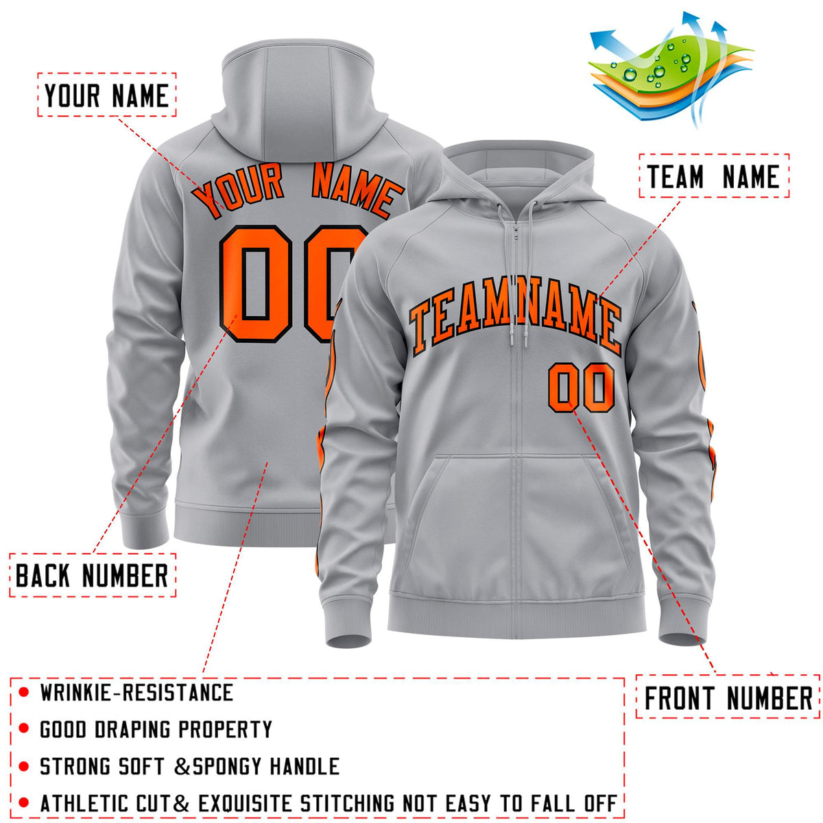 Custom Stitched Gray Orange Sports Full-Zip Sweatshirt Hoodie with Flame| KXKSHOP