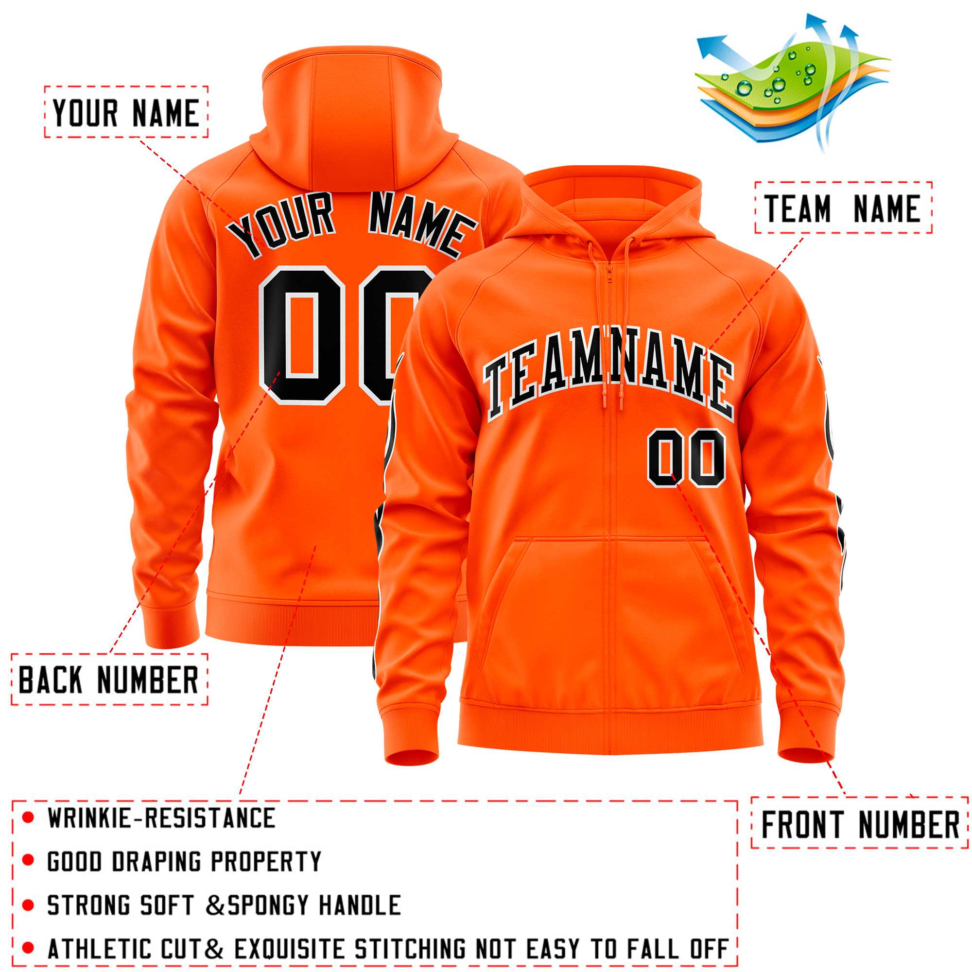 Custom Stitched Orange Black Sports Full-Zip Sweatshirt Hoodie with Flame| KXKSHOP