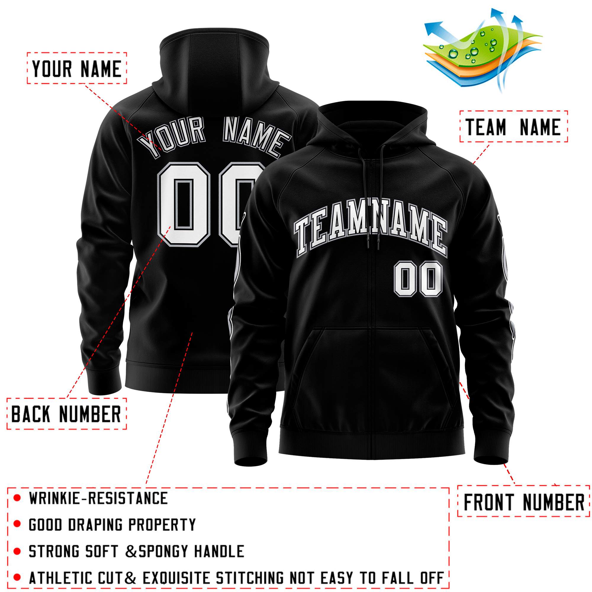 Custom Stitched Black White Sports Full-Zip Sweatshirt Hoodie with Flame| KXKSHOP