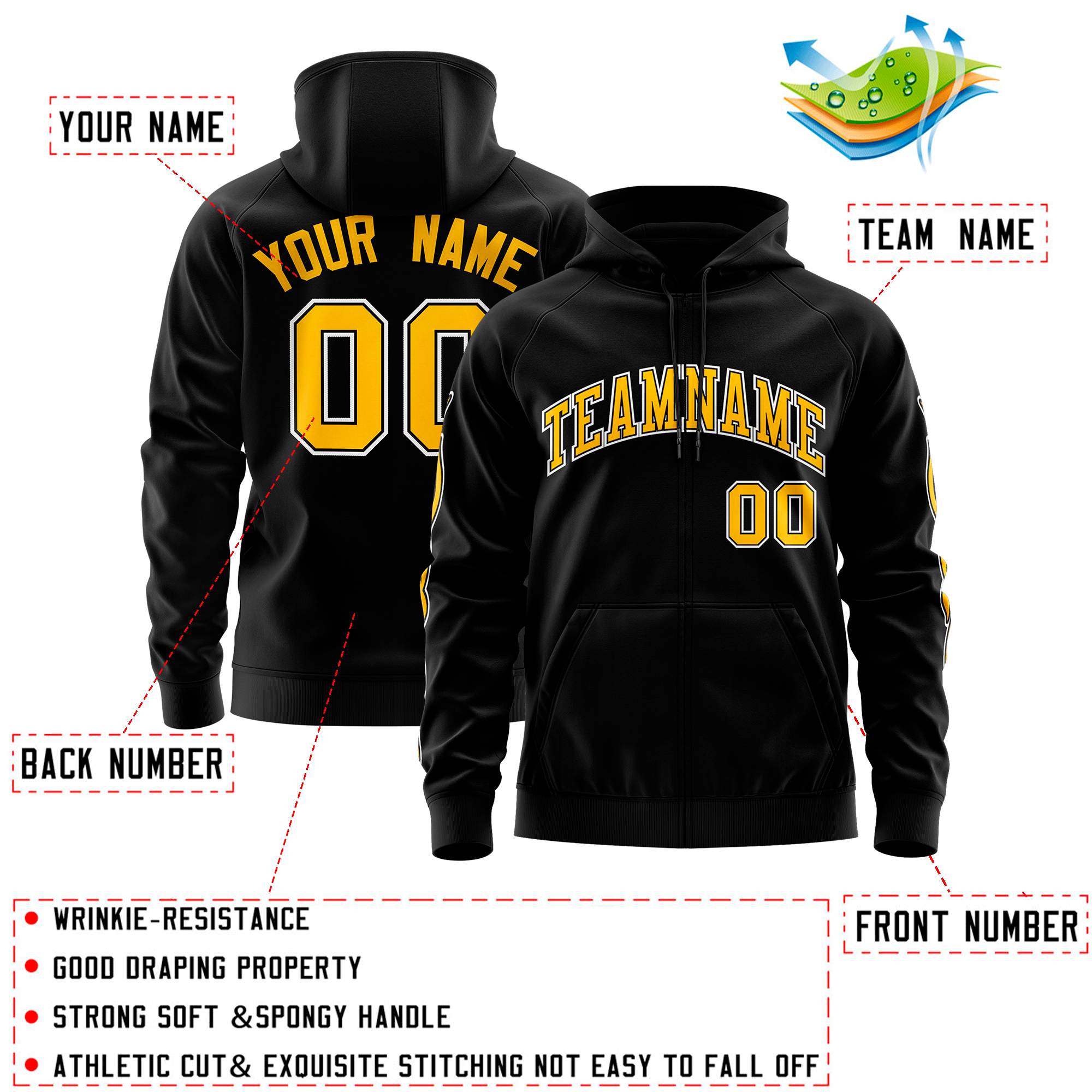 Custom Stitched Black Gold Sports Full-Zip Sweatshirt Hoodie with Flame| KXKSHOP